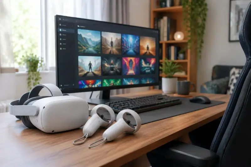 Bilgisayar ekranında oyun kataloğu açıkken yanında duran VR başlığı