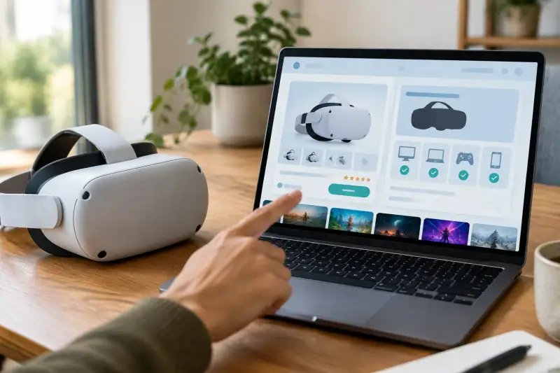 VR başlığı yanındaki ekranda oyun fiyatı ve cihaz uyumluluğu kontrol ediliyor.